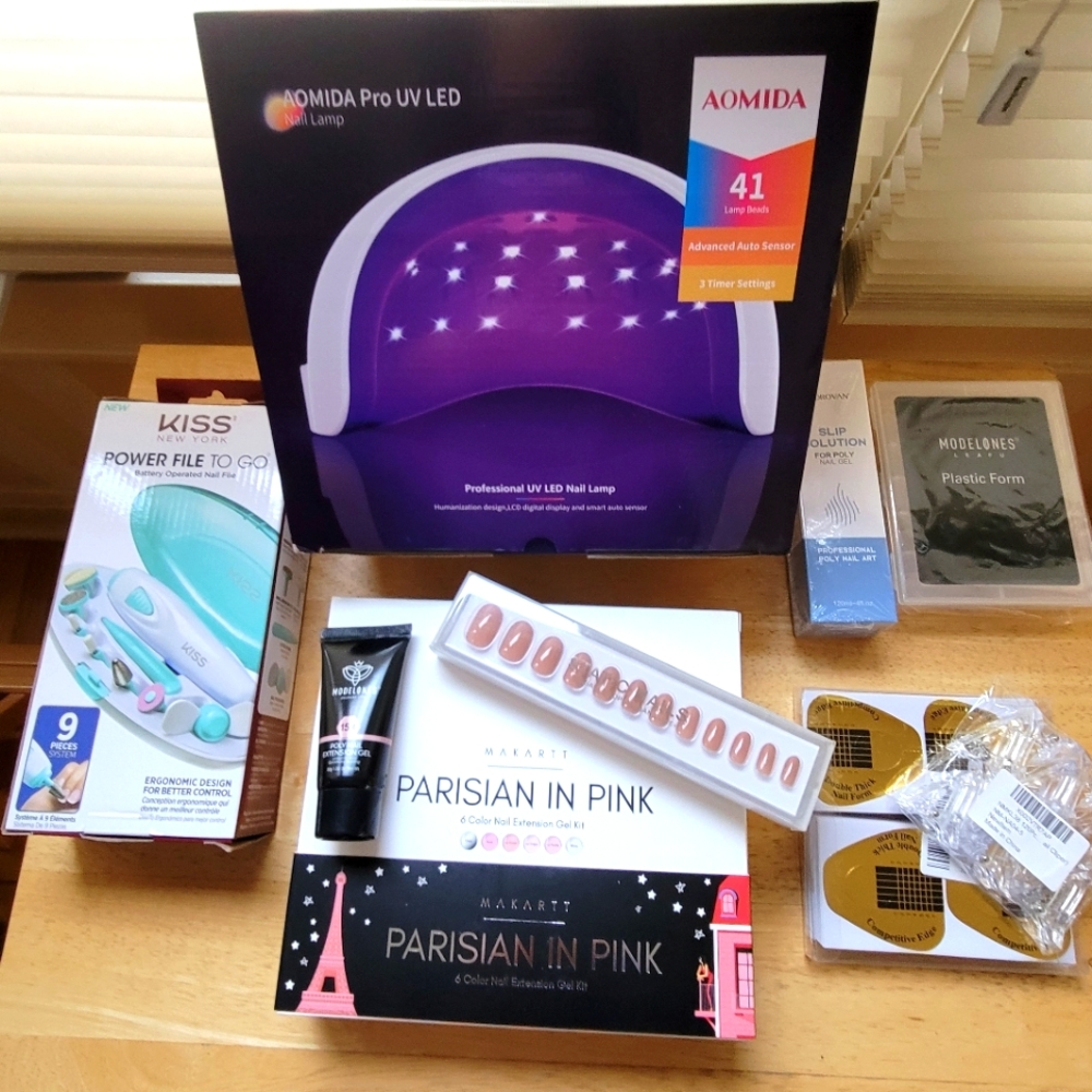 Brand New Poly Gel Nail Kit nail forms, slip solution, UV LED lamp, 7 color pink